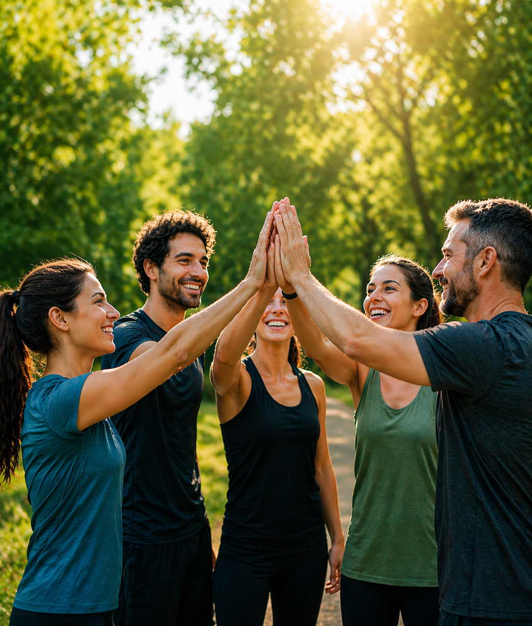 Un gruppo di amici si dà il cinque in un parco dopo l'allenamento
